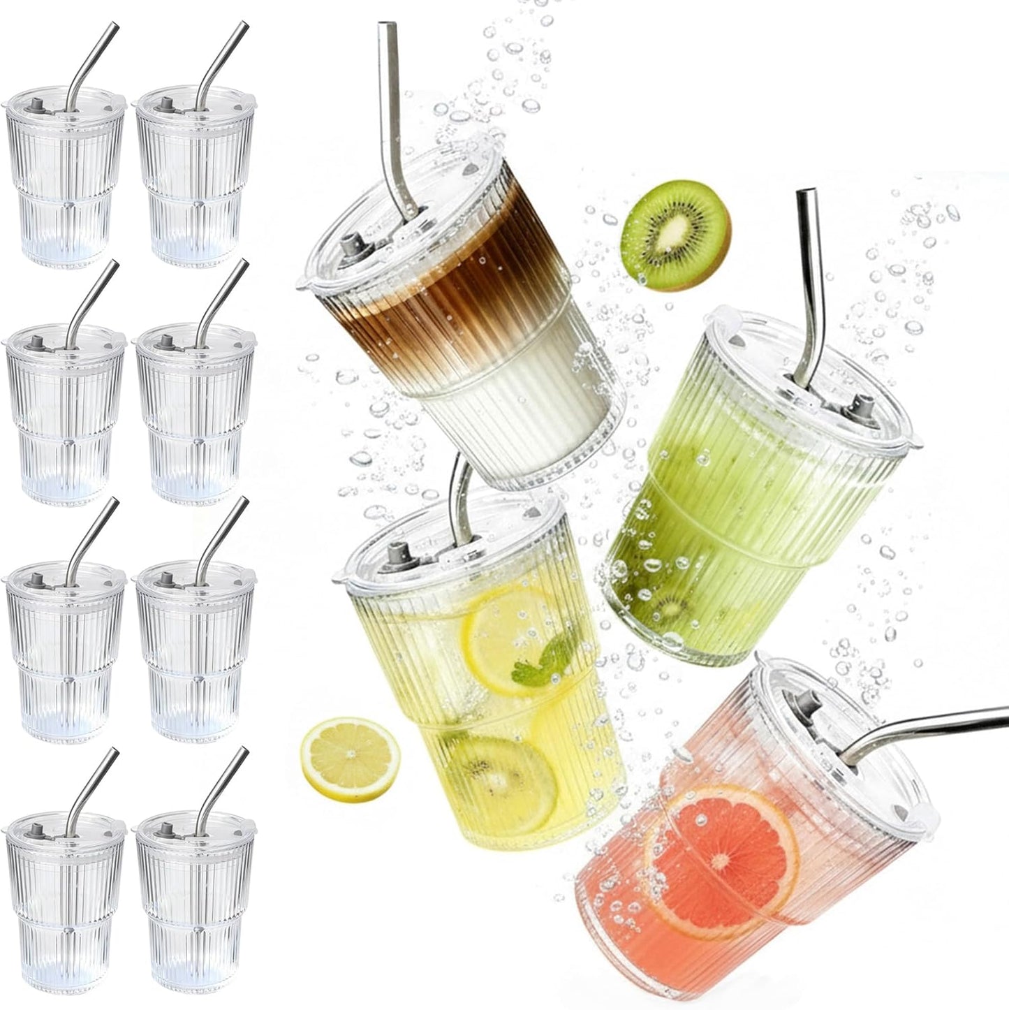 4 Packs Ribbed Glass Tumbler with Lid and Straw 13 oz Cute Ice Coffee Cup Set for Smoothie Juice Matcha Tea Latte Cappuccino Espresso Hot Coffe Water Reusable Clear Travel Boba Aesthetic Drinking Mug
