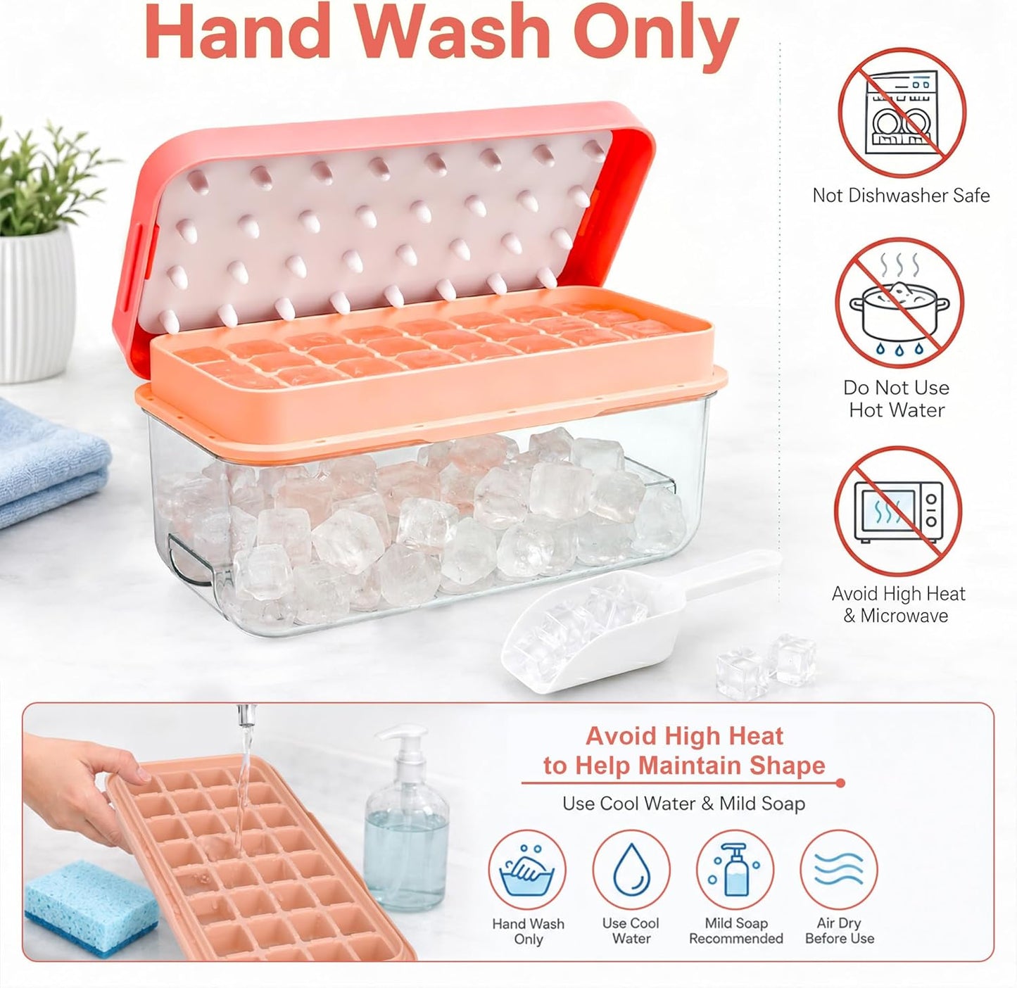 Ice Trays for Freezer with Lid & Bin, Ice Cube Tray Making 64 pcs Ice Cubes, Easy Press to Release Ice, Ice Tray with Storage Bin Chilling Cocktail Whiskey Coffee 2 Trays 1 Ice Bucket & Scoop (Black)