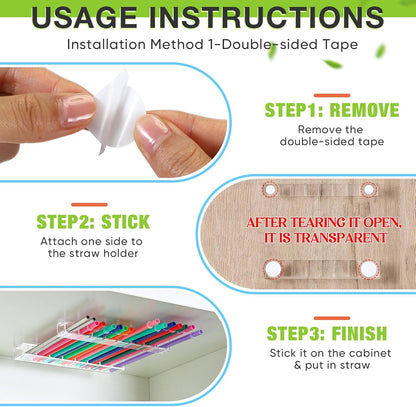 Baderke Straw Holder for Cabinet Reusable Straw Organizer with Double Sided Adhesive Tape Screws Storage Container for Kitchen Counter Cupboard(White,Classic)
