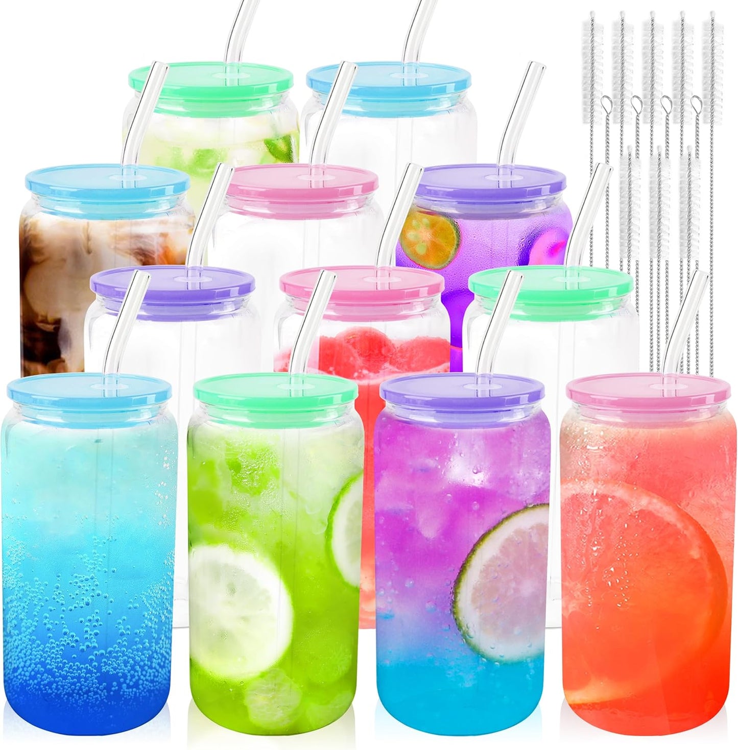 Joyclub 8pcs 16 oz Glass Cups with Acrylic Lids and Straws Can Shaped Iced Coffee Glasses Cute Tumbler Set Drinking Jars for Smoothie Soda Boba Beer Party Housewarming Gifts