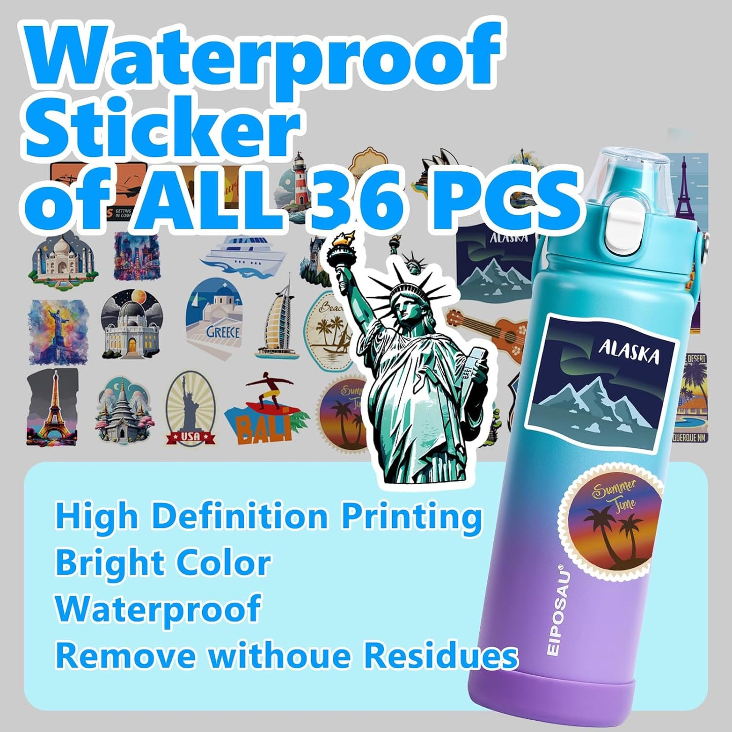 Insulated Water Bottle with Lid & Boot & Stickers, 24 oz Stainless Steel Sweat Free Bottle Keep Cold 24H, BPA-Free Sports Wide Mouth Water Bottle, BlueBlack