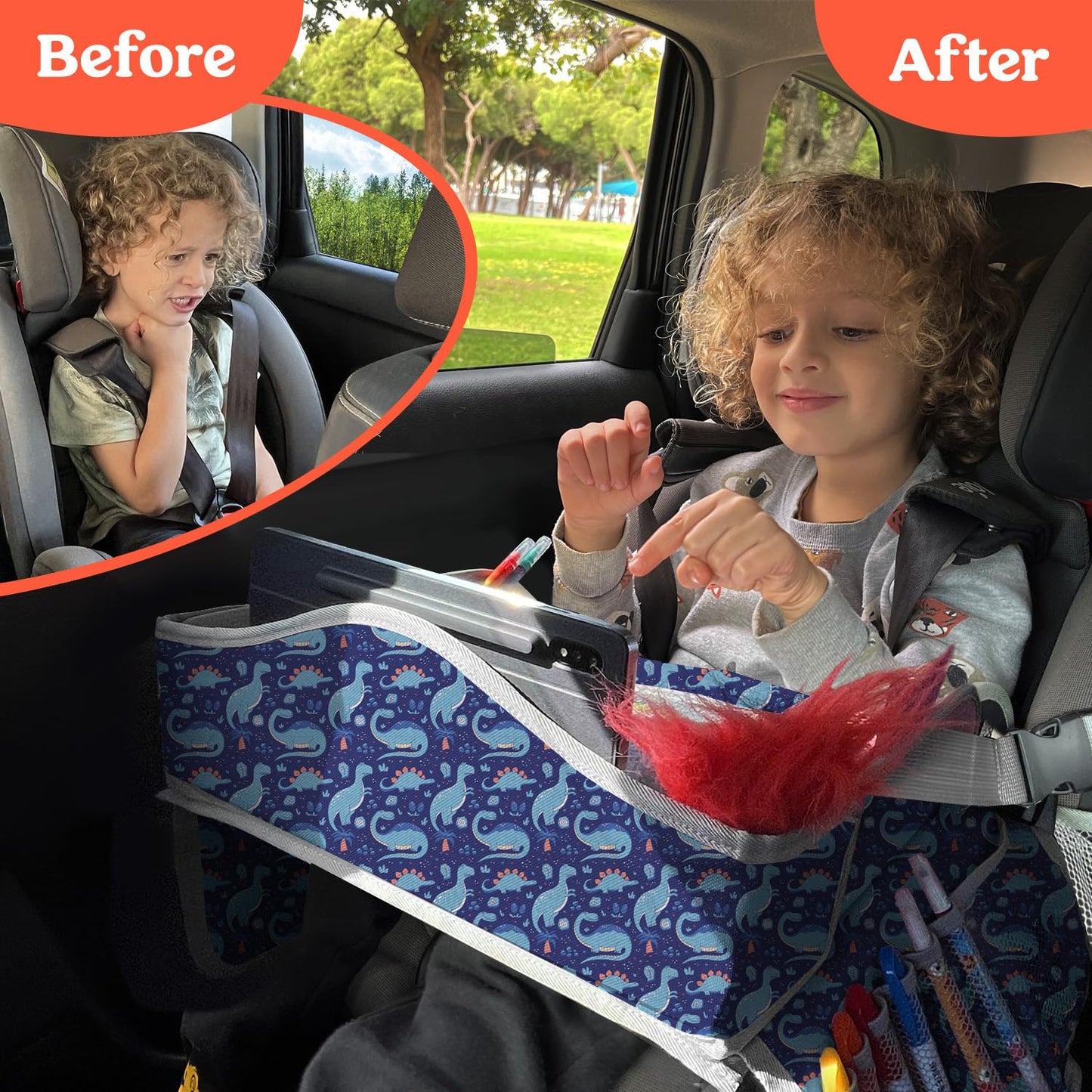 PILLANI Kids Travel Tray for Car - Car Seat Tray with Activity Sheets & Pens, Road Trip Essentials for Car & Airplane, Must Have Toddler Travel Lap Desk Accessories - Road Trip Activities for Kids