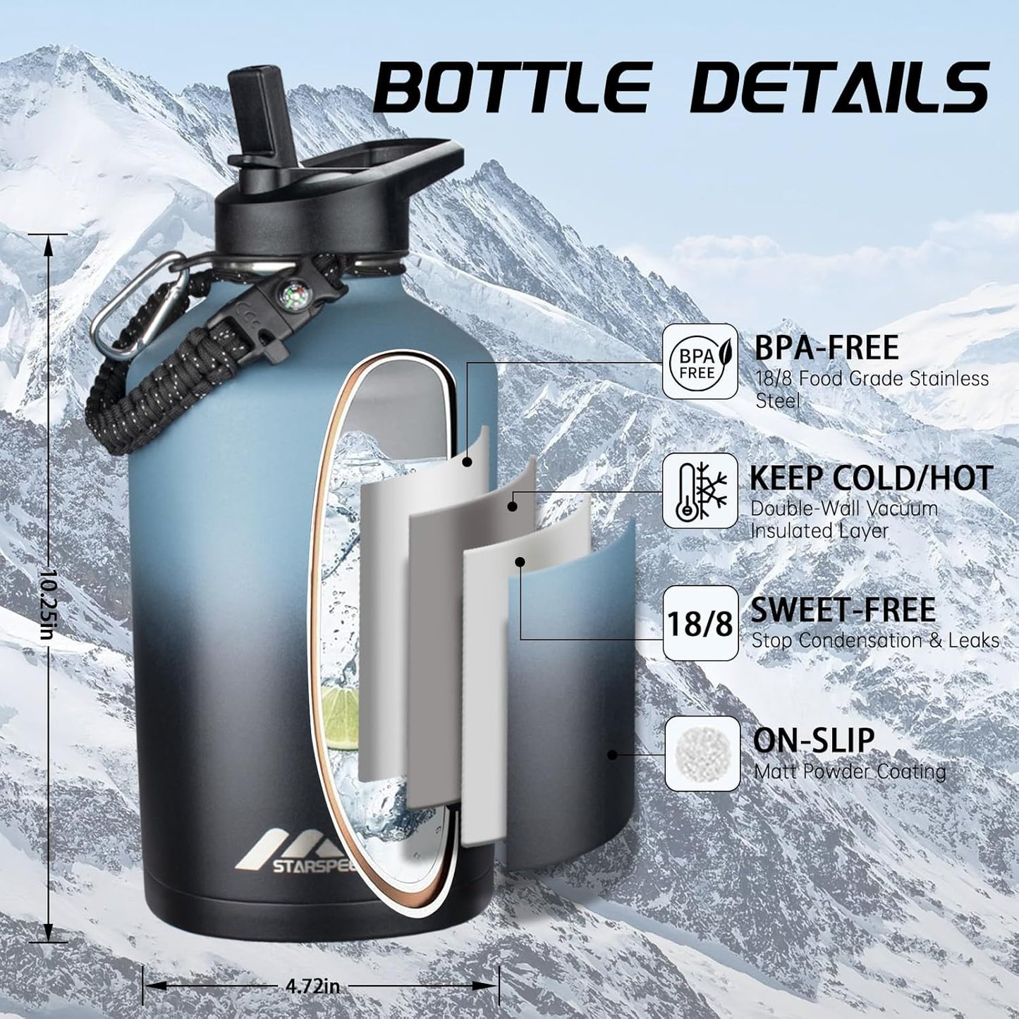 StarSpeed 32oz Insulated Water Bottle with Straw Lid, Stainless Steel Double Walled Vacuum Water Flask, Wide Mouth Sports Water Bottle for Gym Camping Hiking, Indigo Black