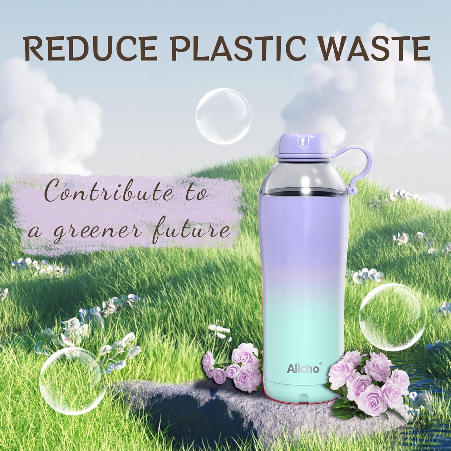 Allcho Insulated Water Bottle for Women, 18oz Stainless Steel Leak Proof Tumbler with 2 Lids, BPA-Free Tritan Chug & Straw Lid, Double Wall Vacuum Flask