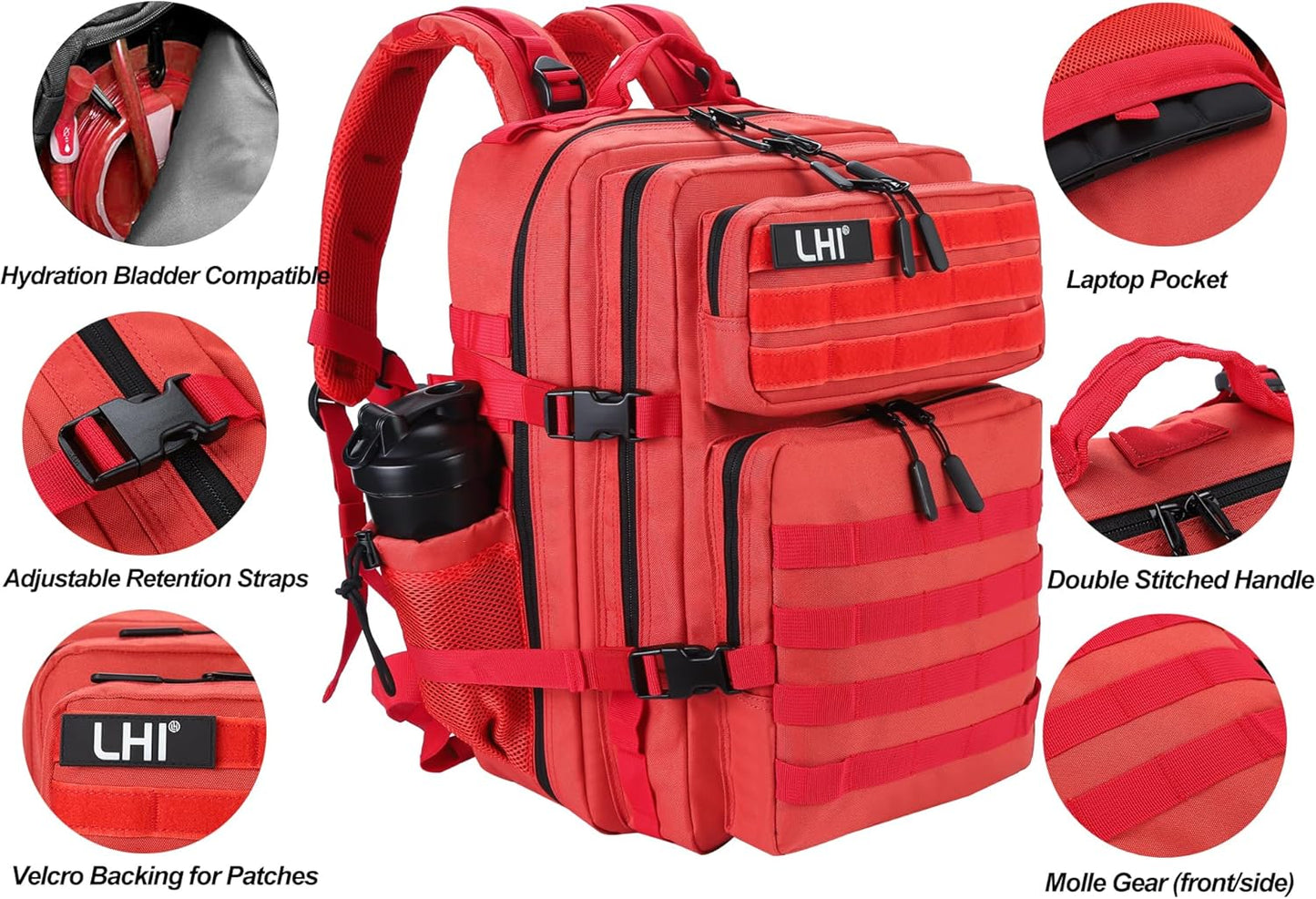 LHI Military Tactical Backpack for Men and Women 45L Army 3 Days Assault Pack Bag Large Rucksack with Molle System - Black - Colors B