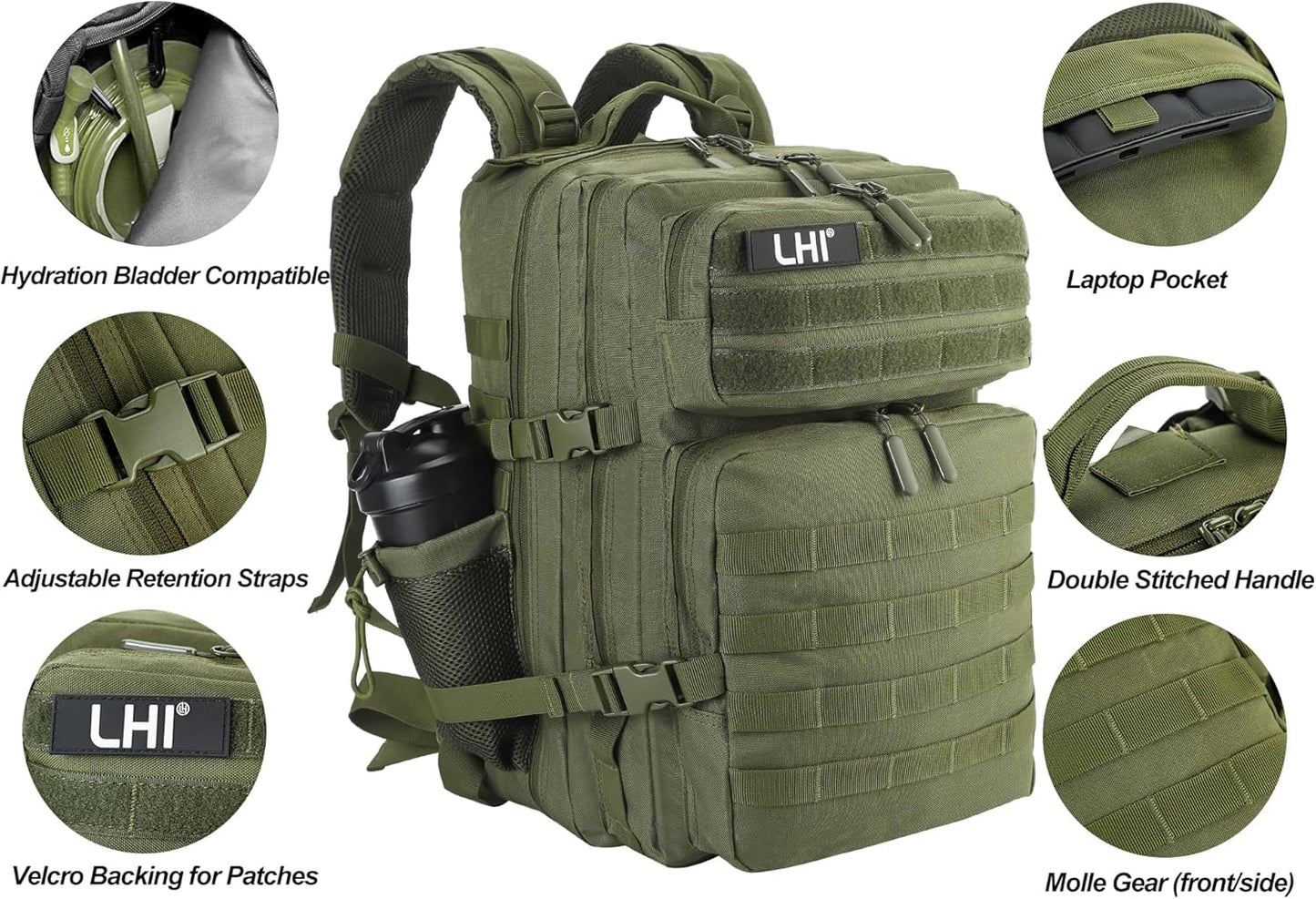 LHI Military Tactical Backpack for Men and Women 45L Army 3 Days Assault Pack Bag Large Rucksack with Molle System - Black - Colors A