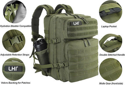 LHI Military Tactical Backpack for Men and Women 45L Army 3 Days Assault Pack Bag Large Rucksack with Molle System - Black - Colors A
