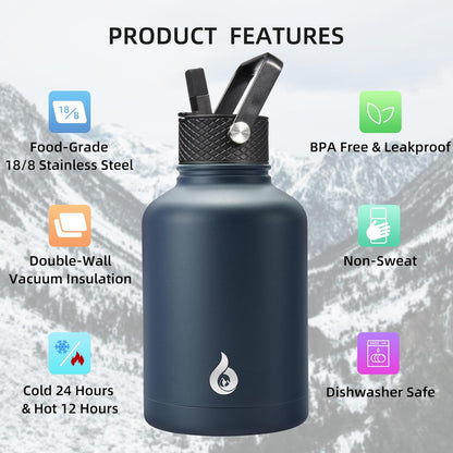 BJPKPK Insulated Water Bottles with Straw Lid, 40oz Stainless Steel Water Bottles with 3 Lids, BPA Free Leakproof Thermo, Tumblers, Cups for Sports, Gym- Midnight - Colors A