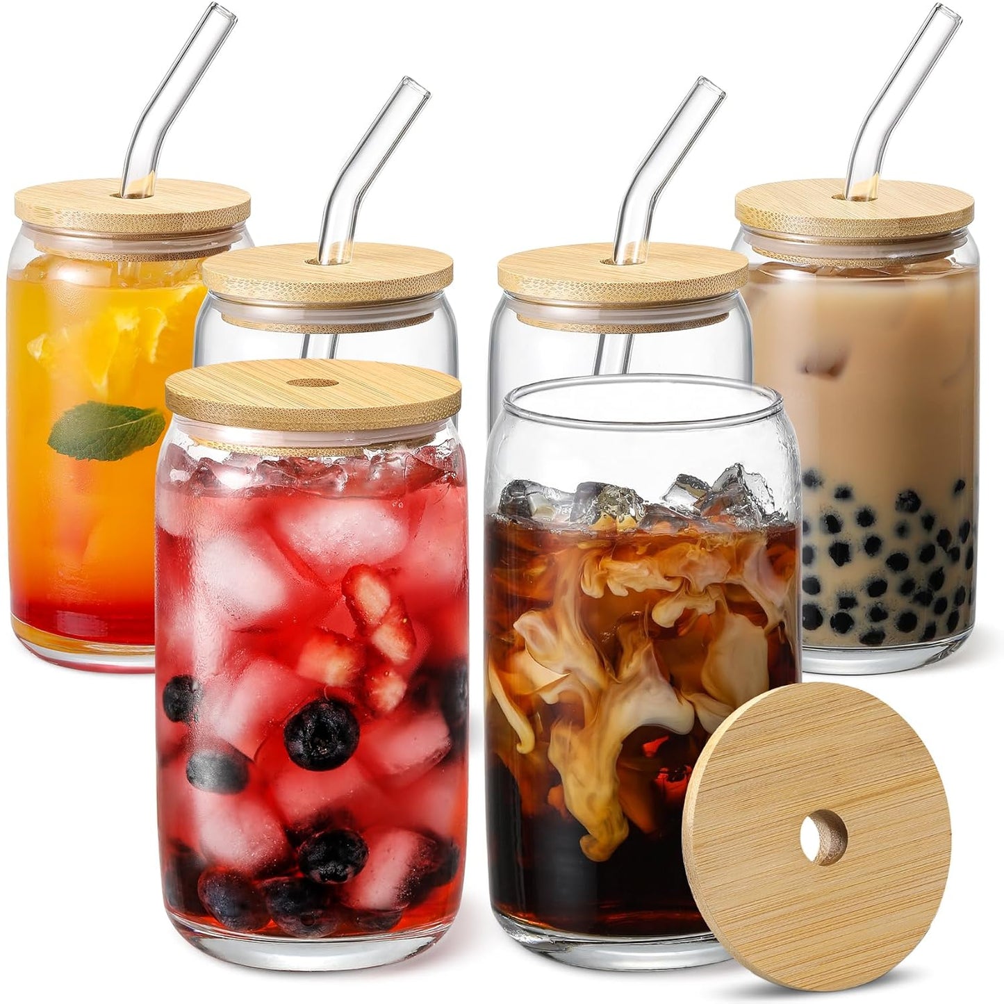 [ 12pcs Set ] Glass Cups with Bamboo Lids and Glass Straw - Beer Shaped Drinking Glasses, 16 oz Iced Coffee Glasses, Cute Tumbler Cup for Smoothie, Boba Tea, Whiskey, Water - 4 Cleaning Brushes