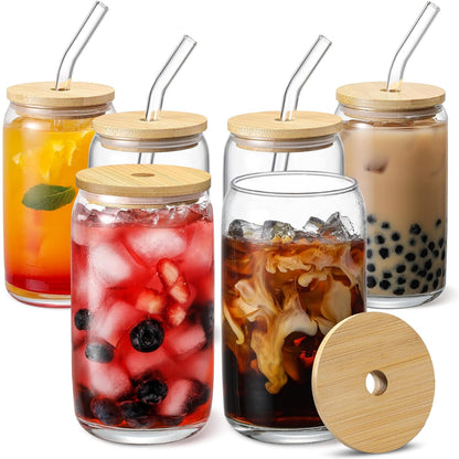 [ 12pcs Set ] Glass Cups with Bamboo Lids and Glass Straw - Beer Shaped Drinking Glasses, 16 oz Iced Coffee Glasses, Cute Tumbler Cup for Smoothie, Boba Tea, Whiskey, Water - 4 Cleaning Brushes