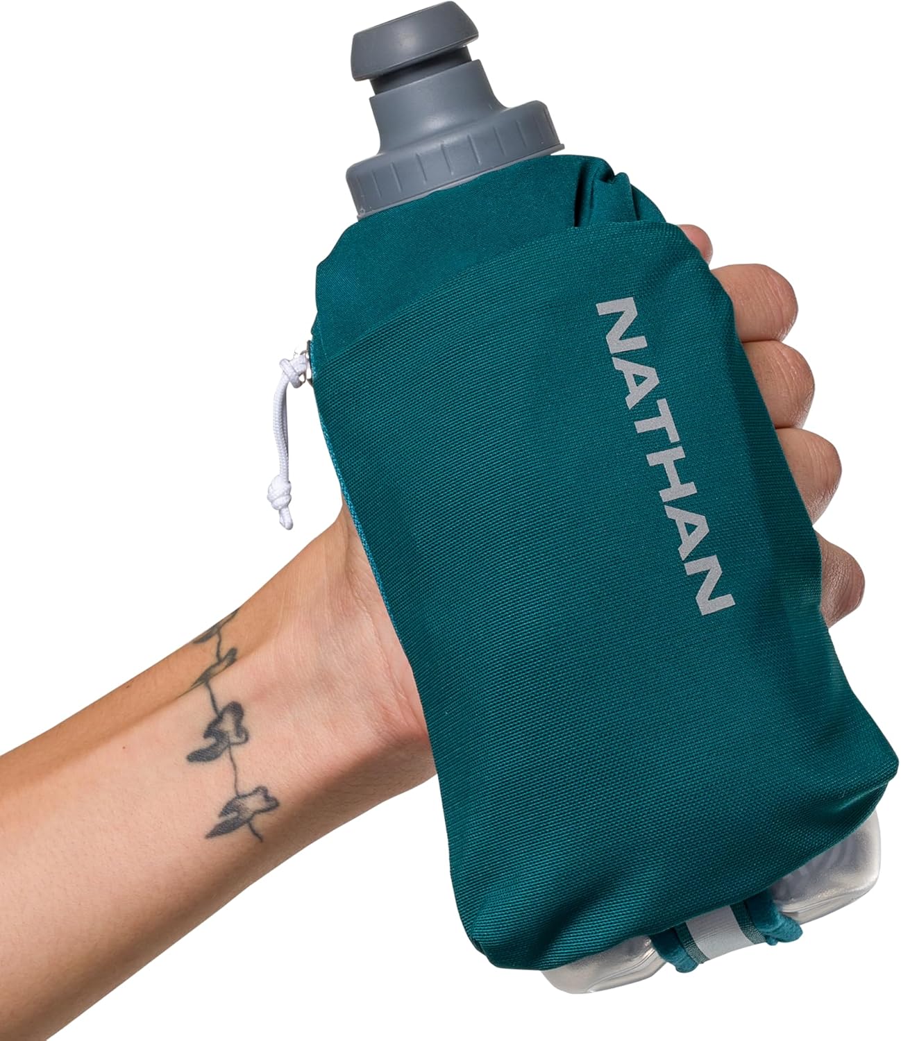 Nathan SpeedDraw 2 Insulated Handheld Running Water Bottle Flask 18oz – Double-Wall Insulation, Ergonomic Grip, Blast Valve Cap, Phone & Key Storage Pockets, Reflective Design