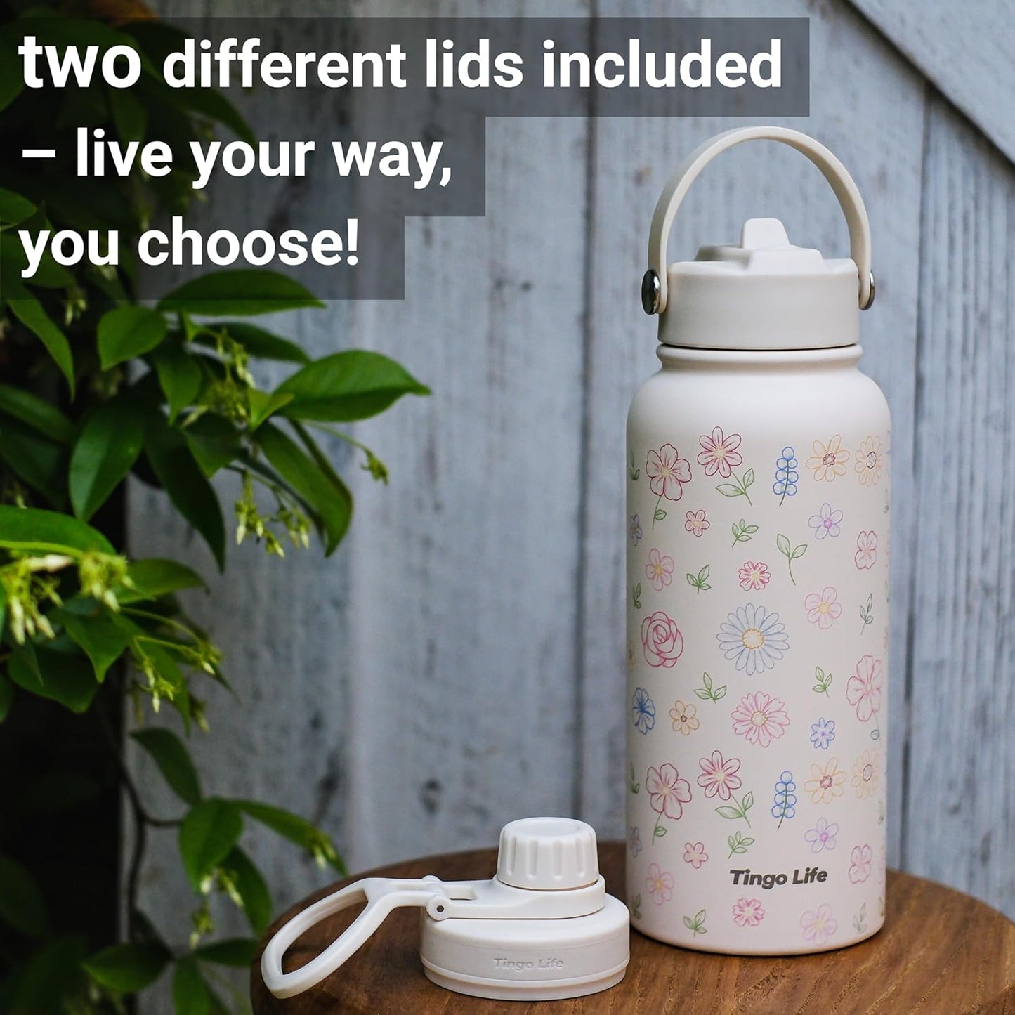 25oz Insulated Stainless Steel Aesthetic Cute Water Bottle - 2 Lids Included (Straw + Sport Handle), Leakproof BPA-Free, Dreamy Cream Cute Floral Design, Perfect Gym/Yoga/Office Companion