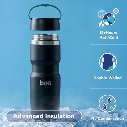 Bivo Trio Insulated Stainless Steel Bike Water Bottle with Ventura Leakproof Insulated Lid and Clippable Handle, Double-Wall Vacuum Insulated, Universal Cage Fit - 17oz, Raw