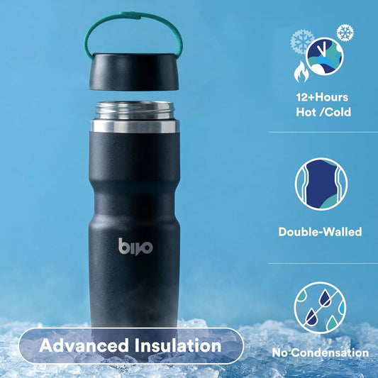 Bivo Trio Insulated Stainless Steel Bike Water Bottle with Ventura Leakproof Insulated Lid and Clippable Handle, Double-Wall Vacuum Insulated, Universal Cage Fit - 17oz, Raw
