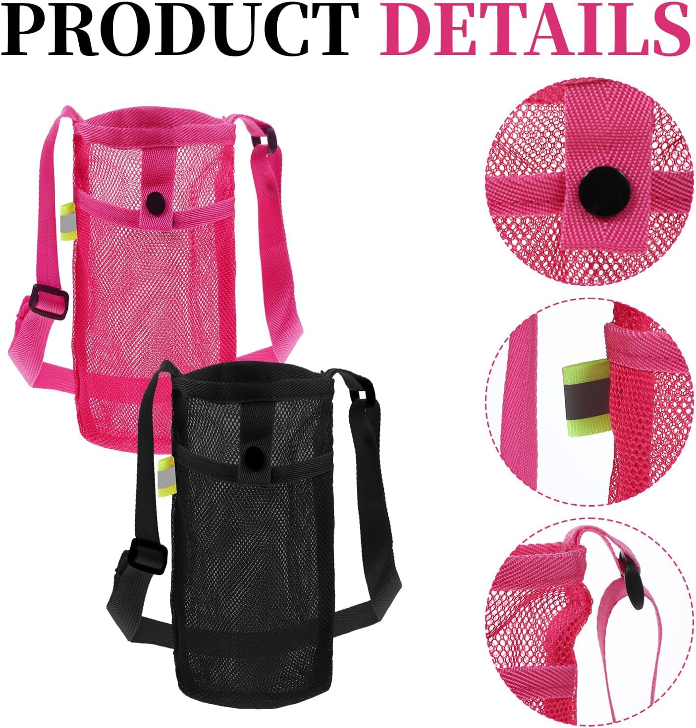 2 PCS Mesh Water Bottle Carrier with Adjustable Shoulder, Water Bottle Holder with Strap, Light Bottles Sling Bag for Hiking, Walking, Camping, Travel (Purple, Black)
