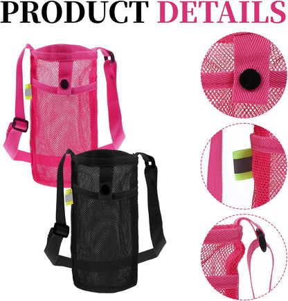 2 PCS Mesh Water Bottle Carrier with Adjustable Shoulder, Water Bottle Holder with Strap, Light Bottles Sling Bag for Hiking, Walking, Camping, Travel (Purple, Black)