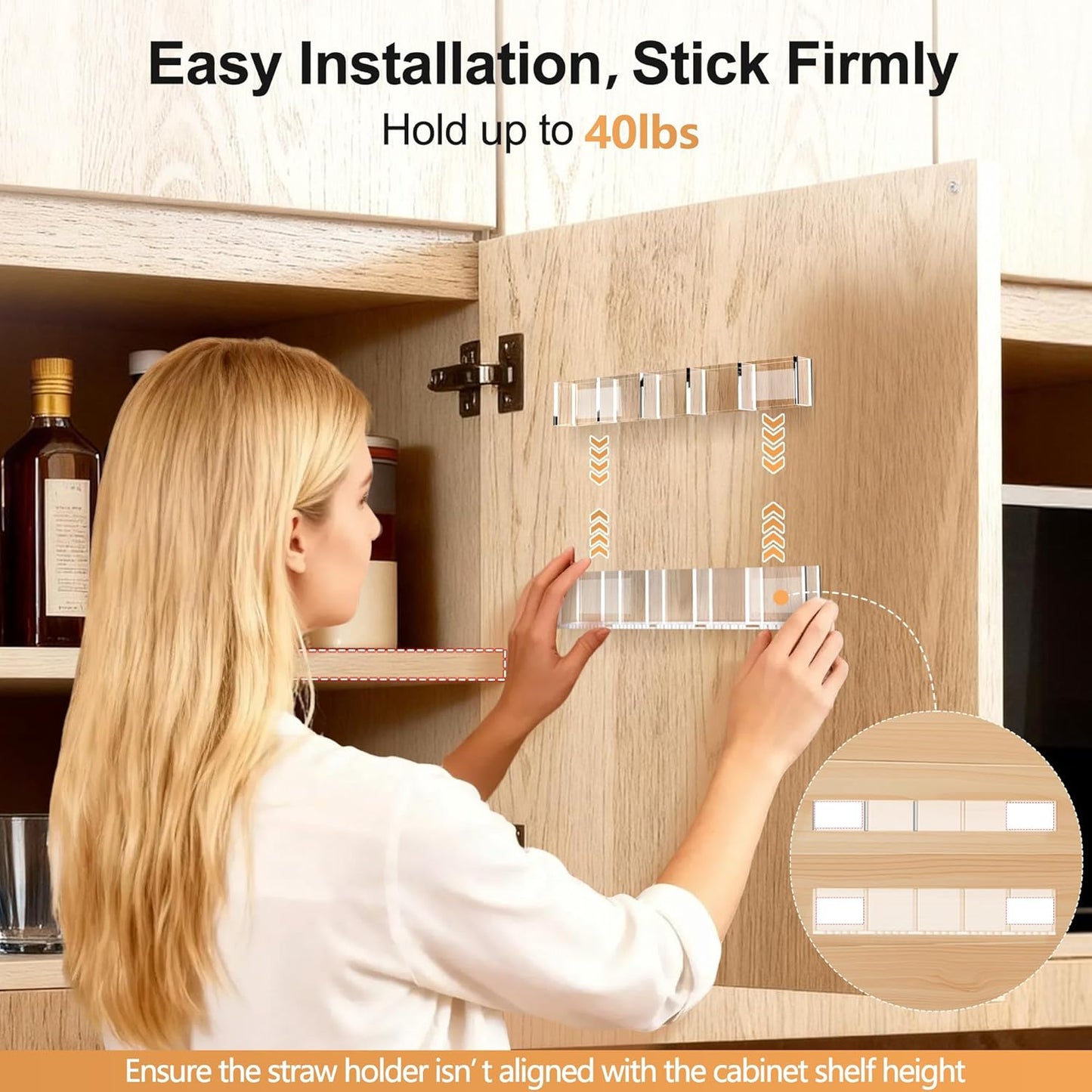 9.5” Large Acrylic Straw Holder for Cabinet Door, Reusable Adjustable Two-Part Straws Organizer with Ultra Sticky Adhesive Strips, 2026 Straw Storage for Kitchen Cupboard (Transparent)