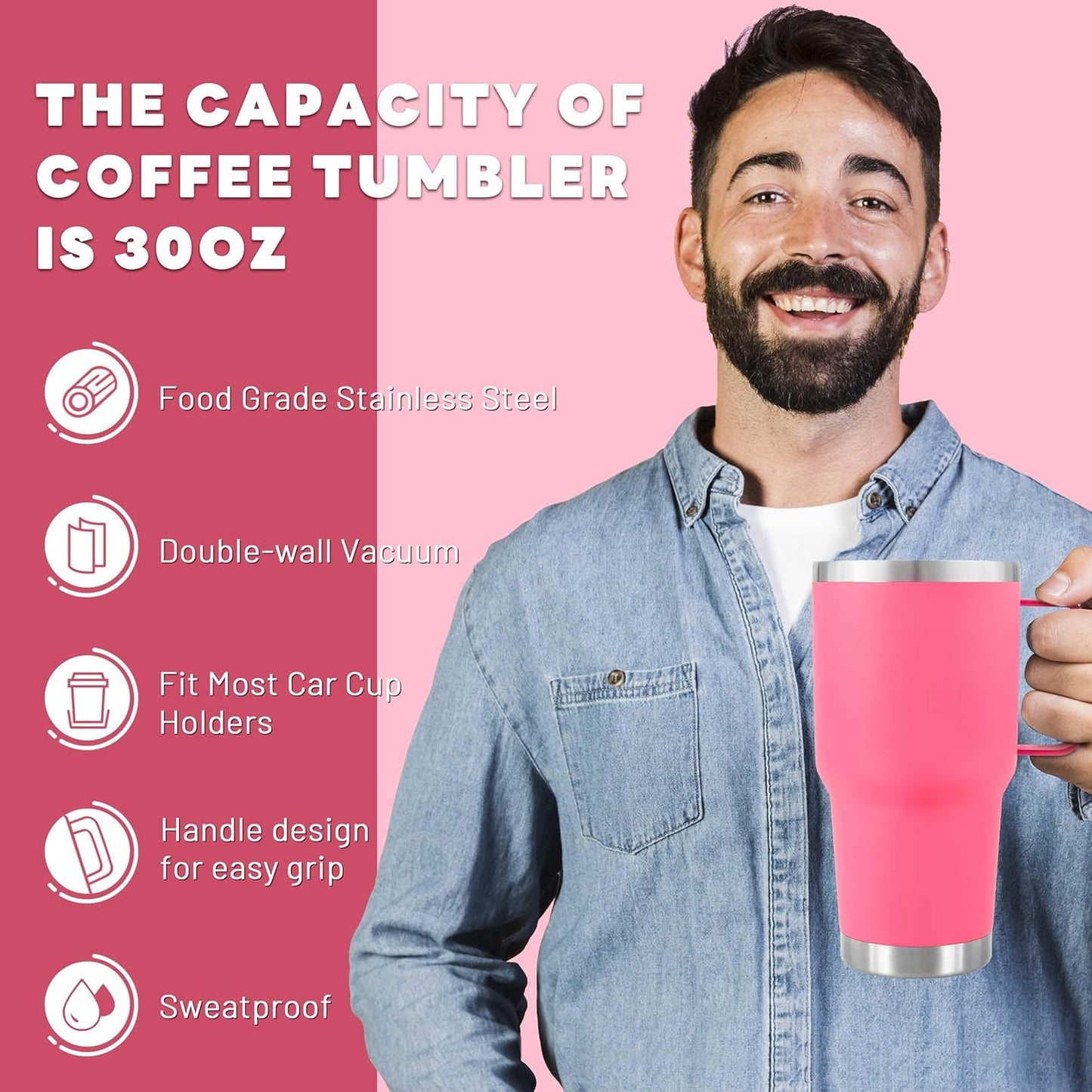 30 oz Tumbler With Handle, Double Wall Stainless Steel Vacuum Insulated Travel Mug with Splash-Proof Lid Metal Straw and Brush (Cream)