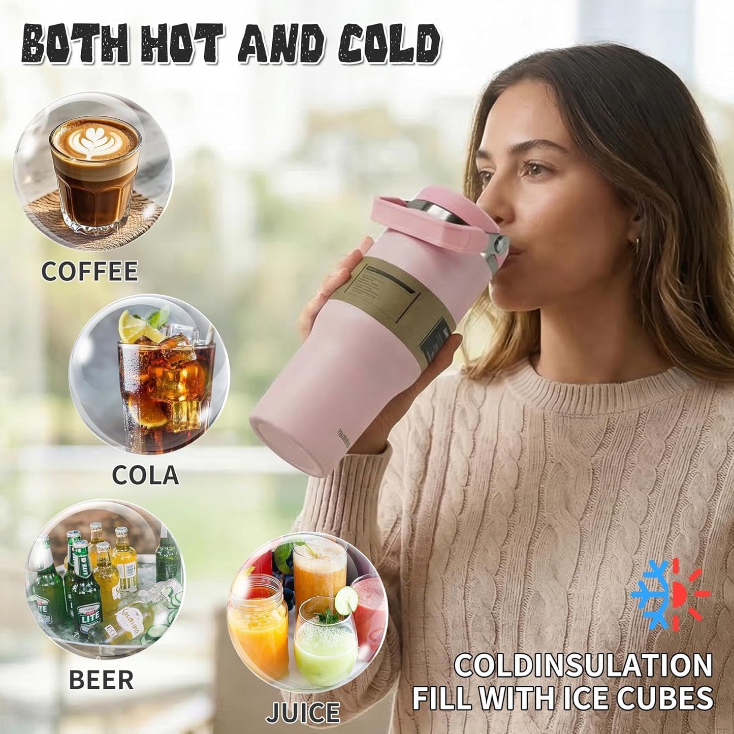 30oz Flip Straw Insulated Water Bottle with Handle, Leak Proof Stainless Steel Travel Tumbler With Lid, Double Wall Vacuum Iced Coffee Travel Mug, Sport Cup, Outside use