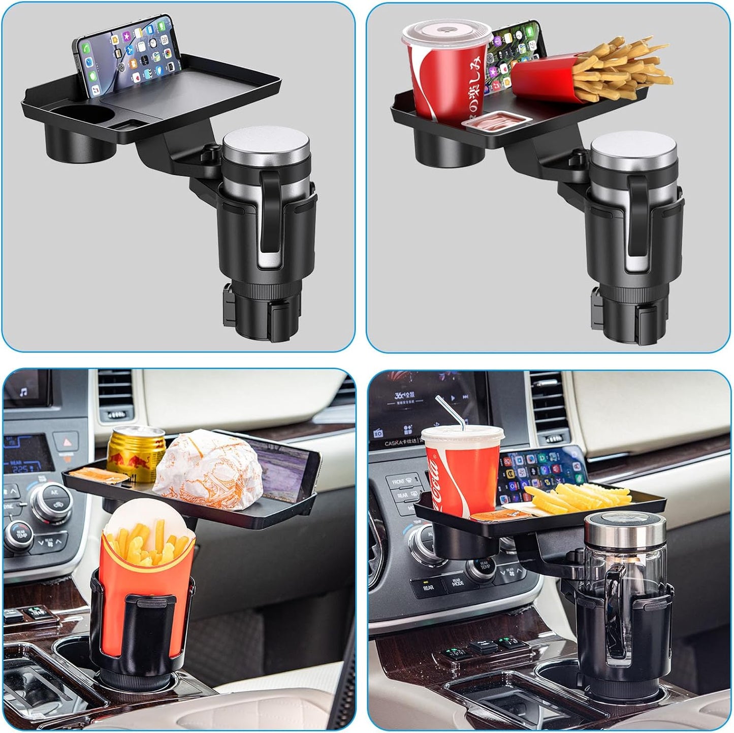 Car Cup Holder Tray, 5 in 1 Adjustable Car Cup Holder Expander Detachable Car Food Tray & Organizer – Automotive Cup Tray Table 9.8”with 360° Rotation with Phone Mount, Fit in 2.6"-3.9" Car Holder