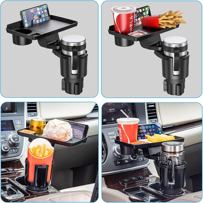 Car Cup Holder Tray, 5 in 1 Adjustable Car Cup Holder Expander Detachable Car Food Tray & Organizer – Automotive Cup Tray Table 9.8”with 360° Rotation with Phone Mount, Fit in 2.6"-3.9" Car Holder