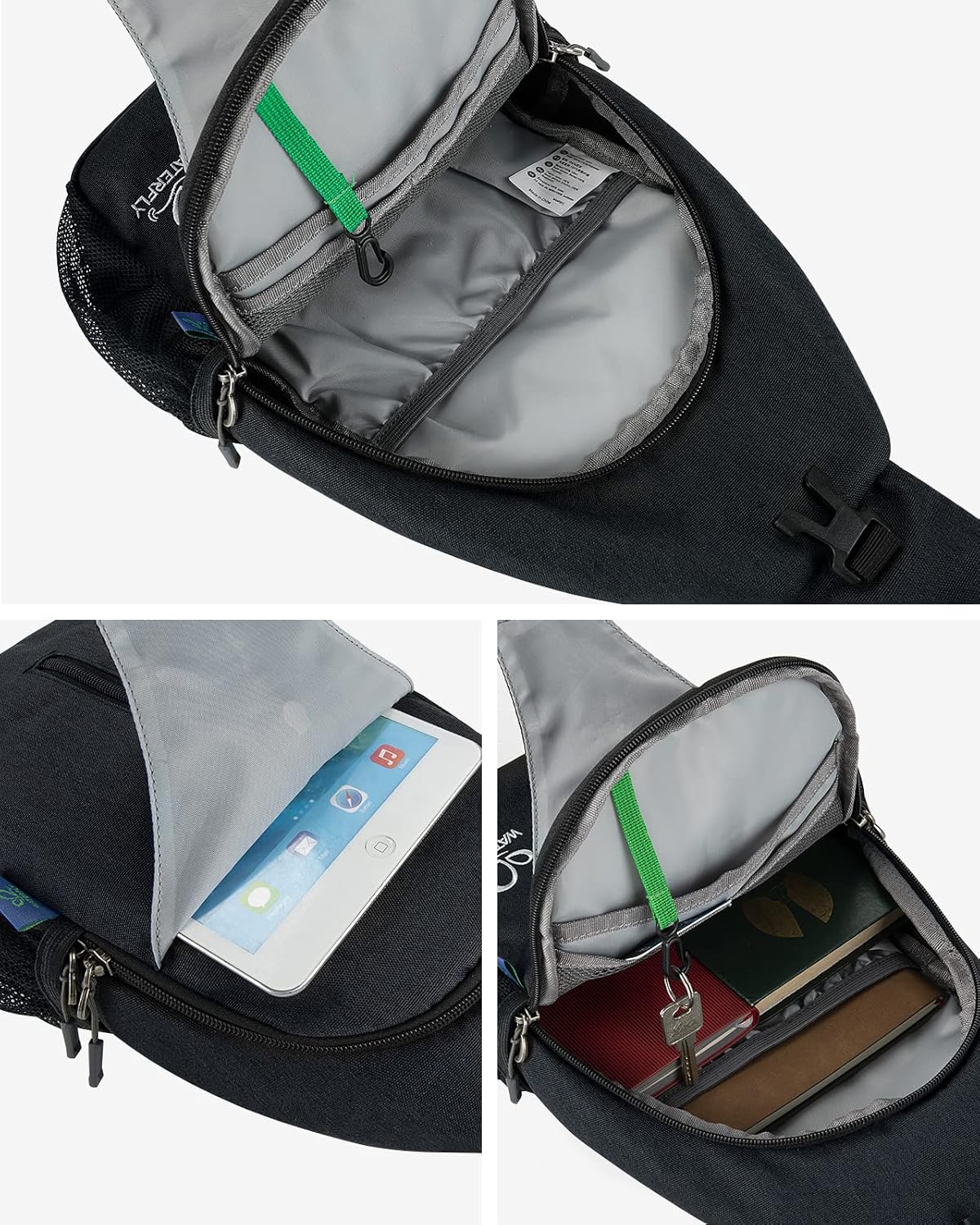 WATERFLY Crossbody Sling Backpack Sling Bag Travel Hiking Chest Bag Daypack (Black)