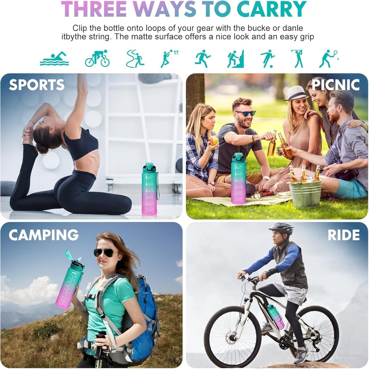Water Bottle with Straw 1L,Boys Water Bottles with Straw 1 Litre,Waterbottle Leak-Proof Sports Water Bottle,Plastic Drinks Bottles Toxin Free，Bpa-Free (Cyan Black)