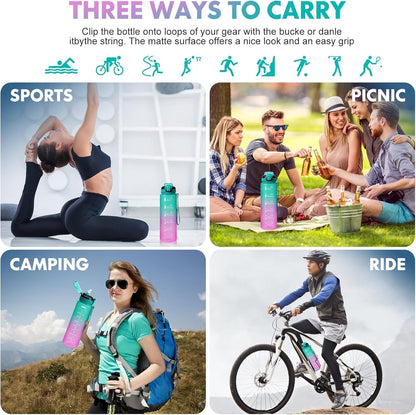 Water Bottle with Straw 1L,Boys Water Bottles with Straw 1 Litre,Waterbottle Leak-Proof Sports Water Bottle,Plastic Drinks Bottles Toxin Free，Bpa-Free (Cyan Black)