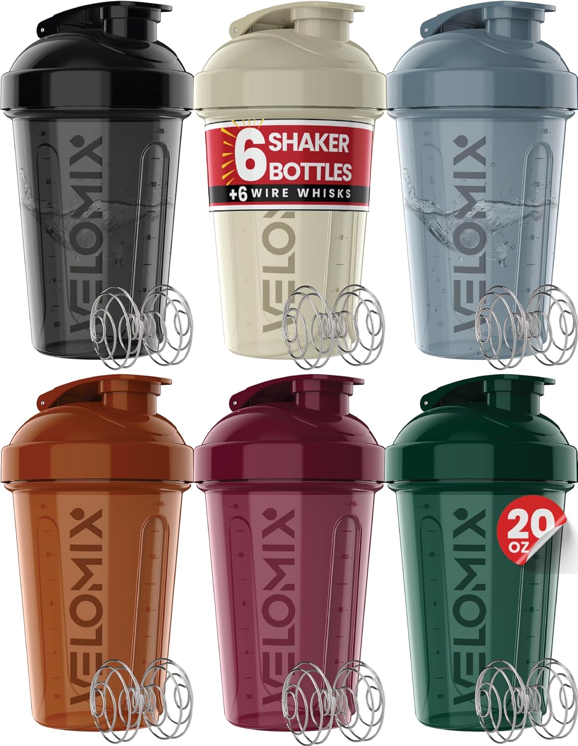 VELOMIX -6 PACK- 20 oz Protein Shaker Bottle for Protein Mixes - 6x Wire Whisk | Leak Proof Shaker Cups for Protein Shakes| Stackable Protein Shaker Bottle Pack | Dishwasher Safe (ALL IN BLACK)