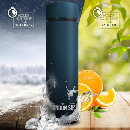 The London Sip Multi-Purpose Travel Mug and Tumbler Fruit Infused Flask Hot and Cold Double Wall Stainless Steel Thermos with Extra-Long Infuser, Purple