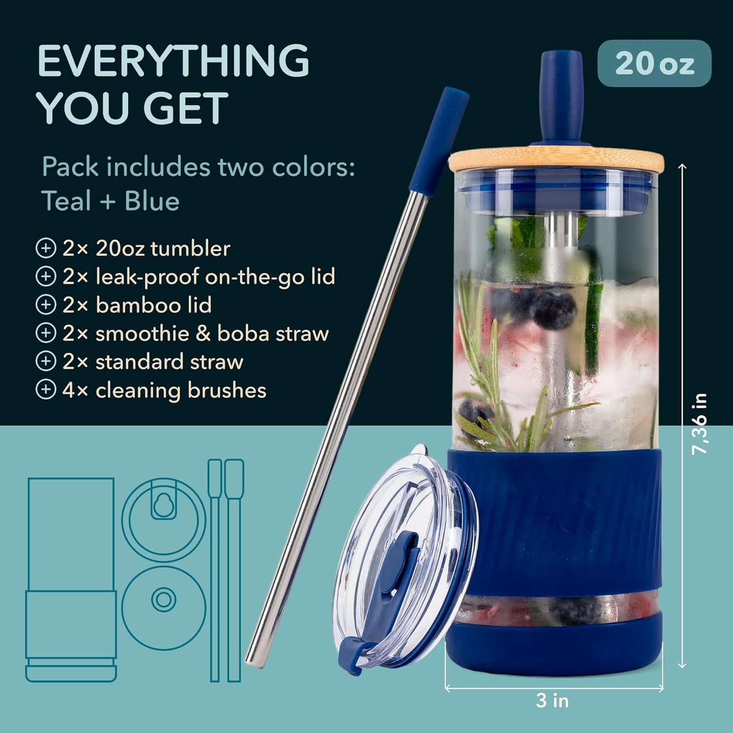Pandaloo® Glass Cups With Lids and Straws -20 Fl Oz- Perfect Size Iced Coffee Cup - Smoothie Cup With Bamboo Lid and On the go Lid - Glass Tumbler With Straw (1 Count (Pack of 1), Lilac Rhapsody)