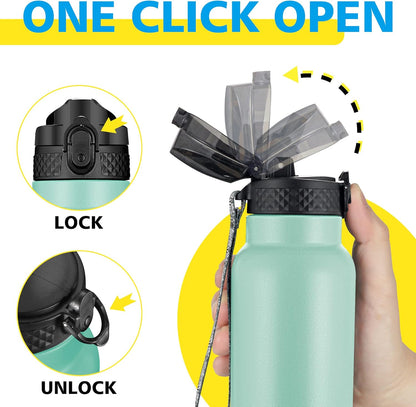 Han's Bottle Sports Water Bottle - 24 Oz, Straw Lid, Leak Proof, Vacuum Insulated Stainless Steel, Double Walled, Thermo Mug,Black