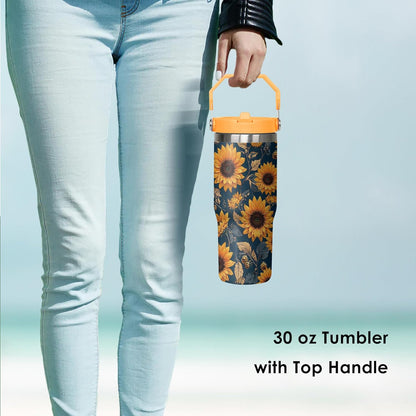 30 oz Peacock Blue Flip Straw Tumbler with Top Handle for Peacock Blue Lover Resuable Vacuum Insulated Flip Top Water bottle for Home Office Car