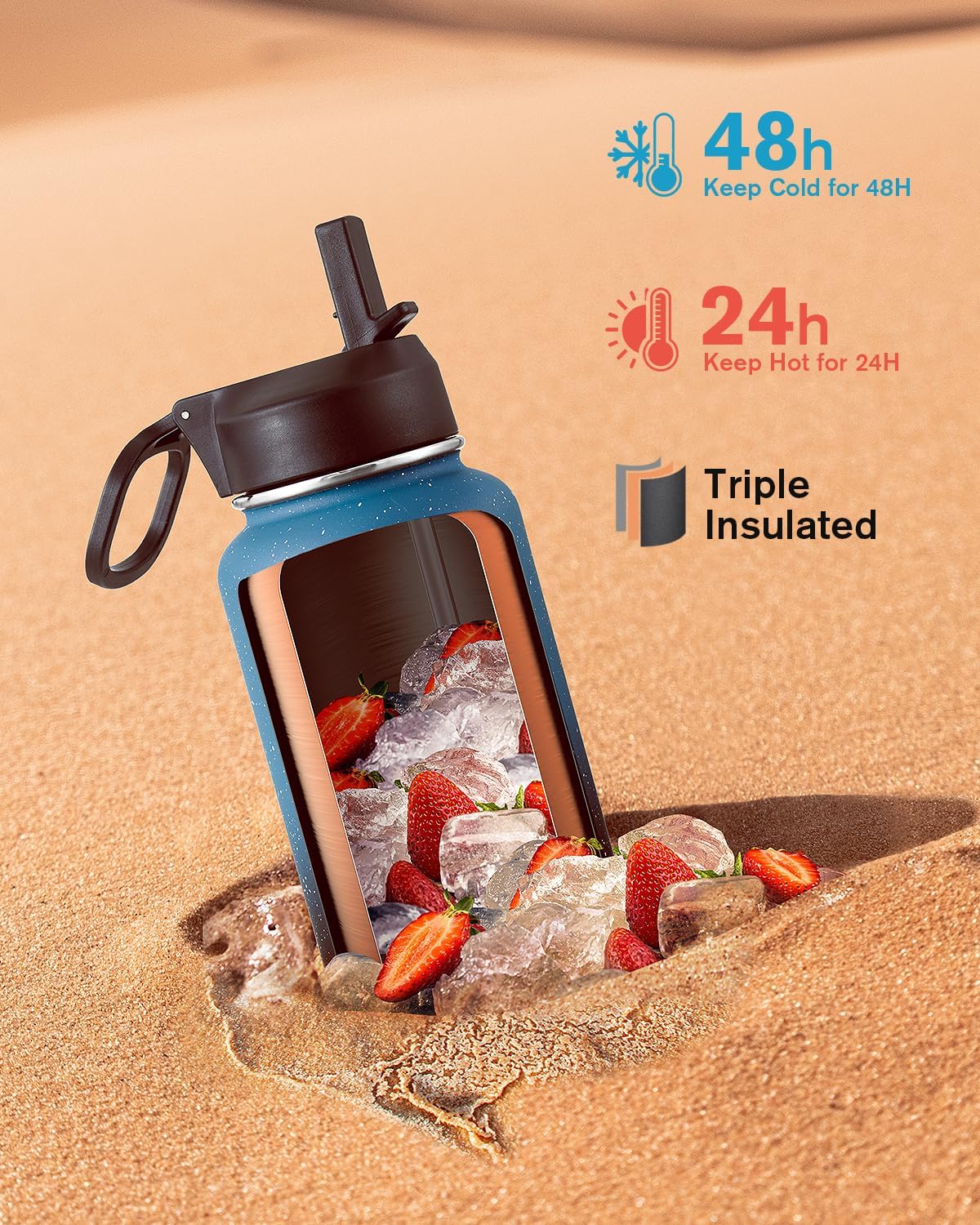Half Gallon Water Bottle Insulated with Straw & 3 Lids, Coolflask 64 oz Water Jug Large Metal Stainless Steel Wide Mouth for Sports, Gym or Office, Non-BPA Keep Cold 48H Hot 24H, Samurai Cyan