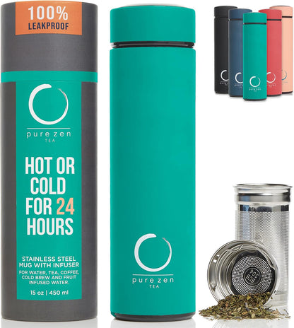 Pure Zen Tea Thermos with Infuser for Hot and Cold Infusions - Stainless Steel - Tea Infuser Bottle - Leakproof Travel Mug with Filter - 15oz - Blue