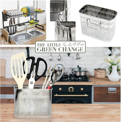 Kitchen Utensils Chopsticks Holder Drying Rack Basket with Hooks 2 Divided Compartments Quality Stainless Steel Large L5.4 X H4.3 X W2.6