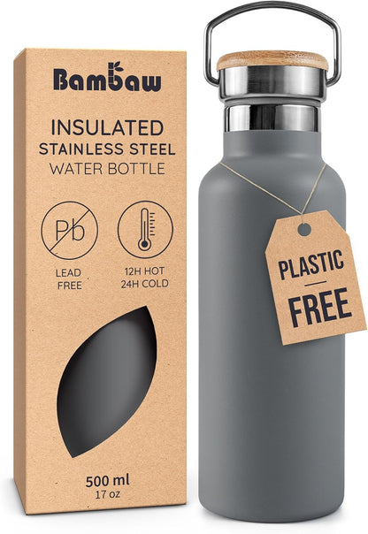 Bambaw 24 oz Stainless Steel Water Bottle, Insulated Metal Water Bottle Wide Mouth, Great for Hiking & Travel, With Handle Easy to Carry, Rust-Resistant & Durable (Aegean Blue)