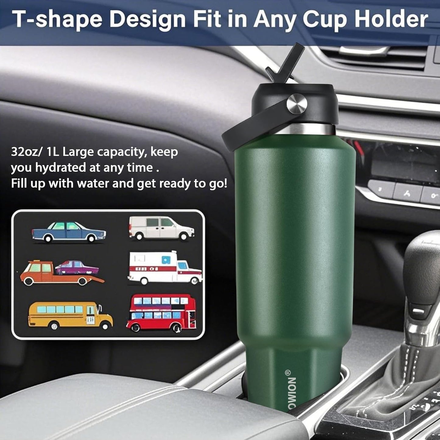 HYDROWION 32oz Stainless Steel Water Bottle(Cold for 48 Hrs, Hot for 24 Hrs),Double Wall Vacuum Insulated Water Bottle with Straw Lid, Spout Lid and Flex Cap, Fit in Any Car Cup Holder,Black