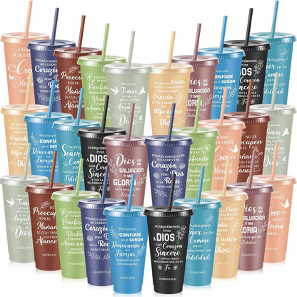 Uiifan 30 Pcs Christian Gifts Cups Bulk for Women, 24oz Bible Verse Christian Tumblers with Lids and Straw, Religious Church Gifts for Mother's Day (Fresh Color,Bible)
