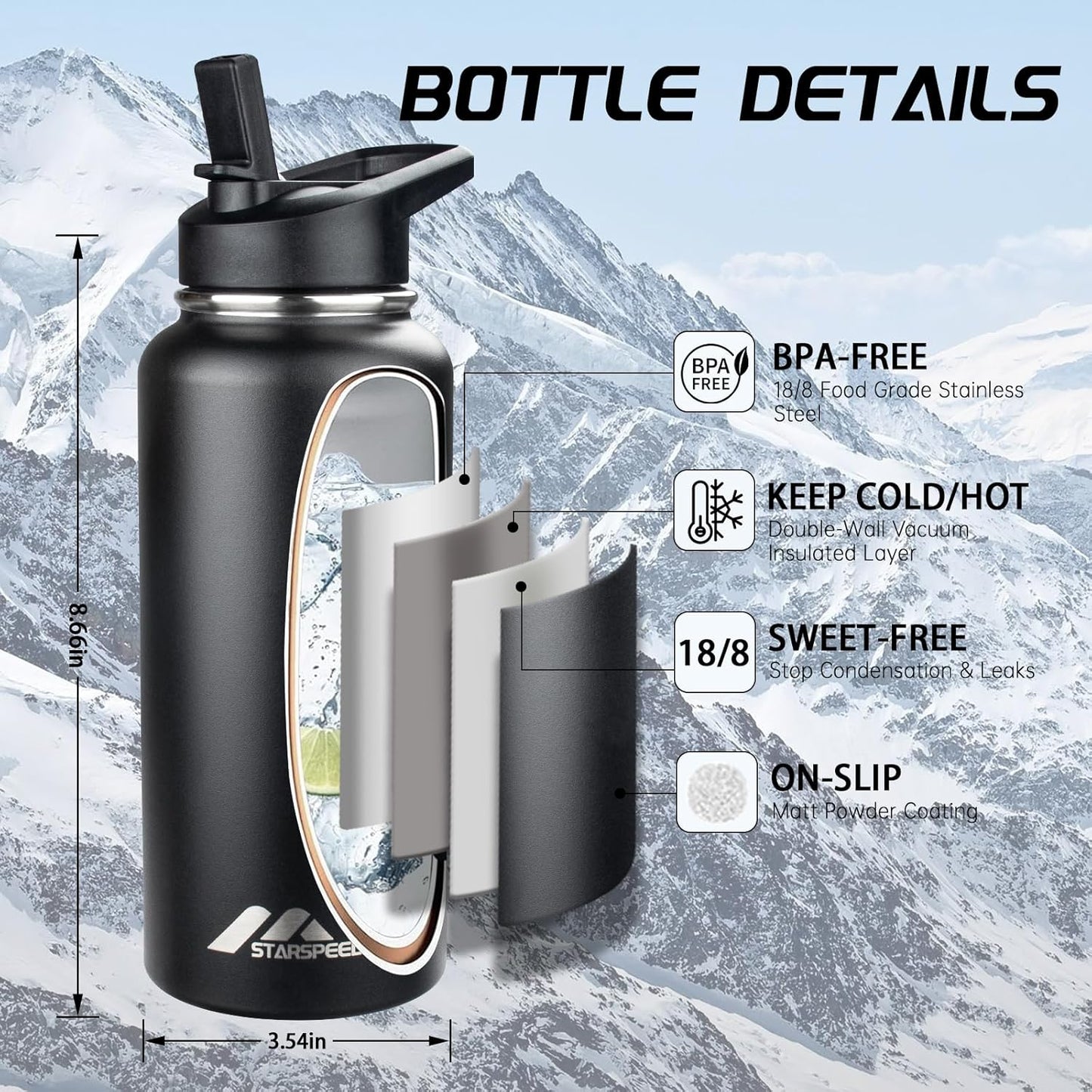 StarSpeed 32oz Insulated Water Bottle with Straw Lid, Stainless Steel Double Walled Vacuum Water Flask, Wide Mouth Sports Water Bottle for Gym Camping Hiking, Indigo Black