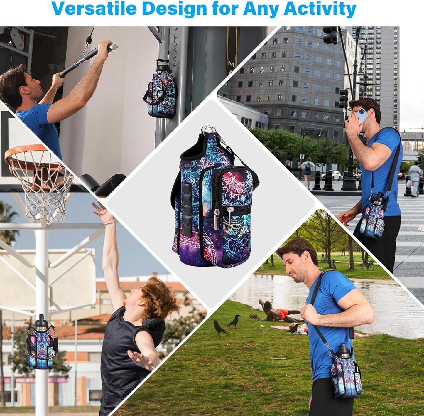 icolor Magnetic Gym Bag Water Bottle Carrier Holder with Phone Pockets & Shoulder Strap,Gym Magnetic Bag 5 Built-in Magnets Gym Accessories Organizer Sling Bottle Bag Pouch Sleeve