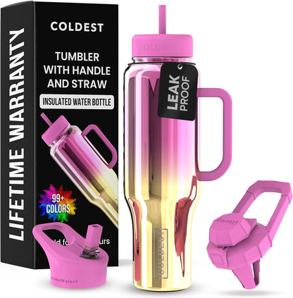 Coldest Tumbler with Handle and Straw - 100% Spill Proof Tumbler with Straw (3 Lids) - Stainless Steel Insulated Leakproof Tumblers for Women & Men - Cup Holder Friendly - 46 oz (Purple Nova) - Colors A