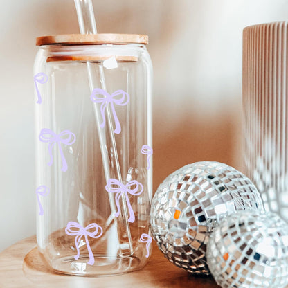 Coquette Cute Pink Bow Glass Cups with Lids and Straws, Aesthetic Iced Coffee Matcha Cup, Girly Preppy Design Tumbler Mug, Valentines Christmas Birthday Gifts for Women, Teen Girl Gifts Trendy Stuff