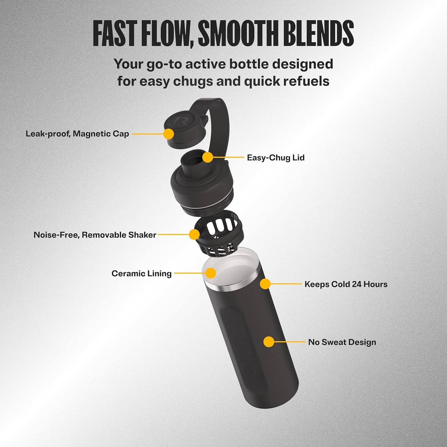 RTIC 24oz Refuel Water Bottle with Workout Protein Shaker, Insulated, Stainless Steel, Metal, Double Wall Vacuum-Insulation, Ceramic Lined, Leak-Proof Chug Lid, Tumbler, Black