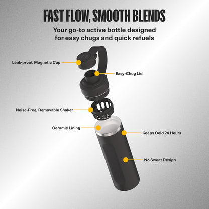RTIC 24oz Refuel Water Bottle with Workout Protein Shaker, Insulated, Stainless Steel, Metal, Double Wall Vacuum-Insulation, Ceramic Lined, Leak-Proof Chug Lid, Tumbler, Black