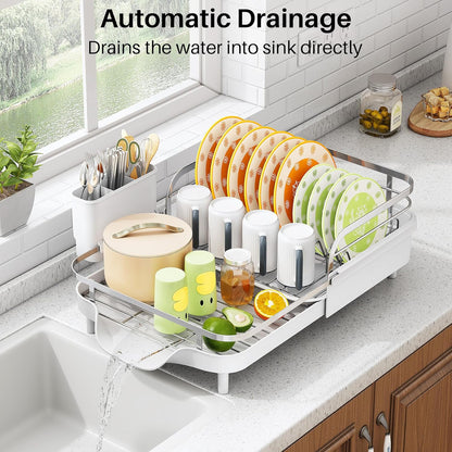 SAYZH Dish Drying Rack - Expandable Dish Rack for Kitchen Counter, Rust-Resistant Dish Drainer with Utensil Holder and Raised Guardrail, Kitchen Organizer for Cup and Bottle (Black)
