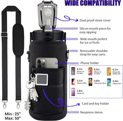 Half Gallon Water Bottle with Sleeve, 64OZ Motivational Water Bottle with Straw & Time Marker, BPA Free Leakproof Gym for Sport Workout