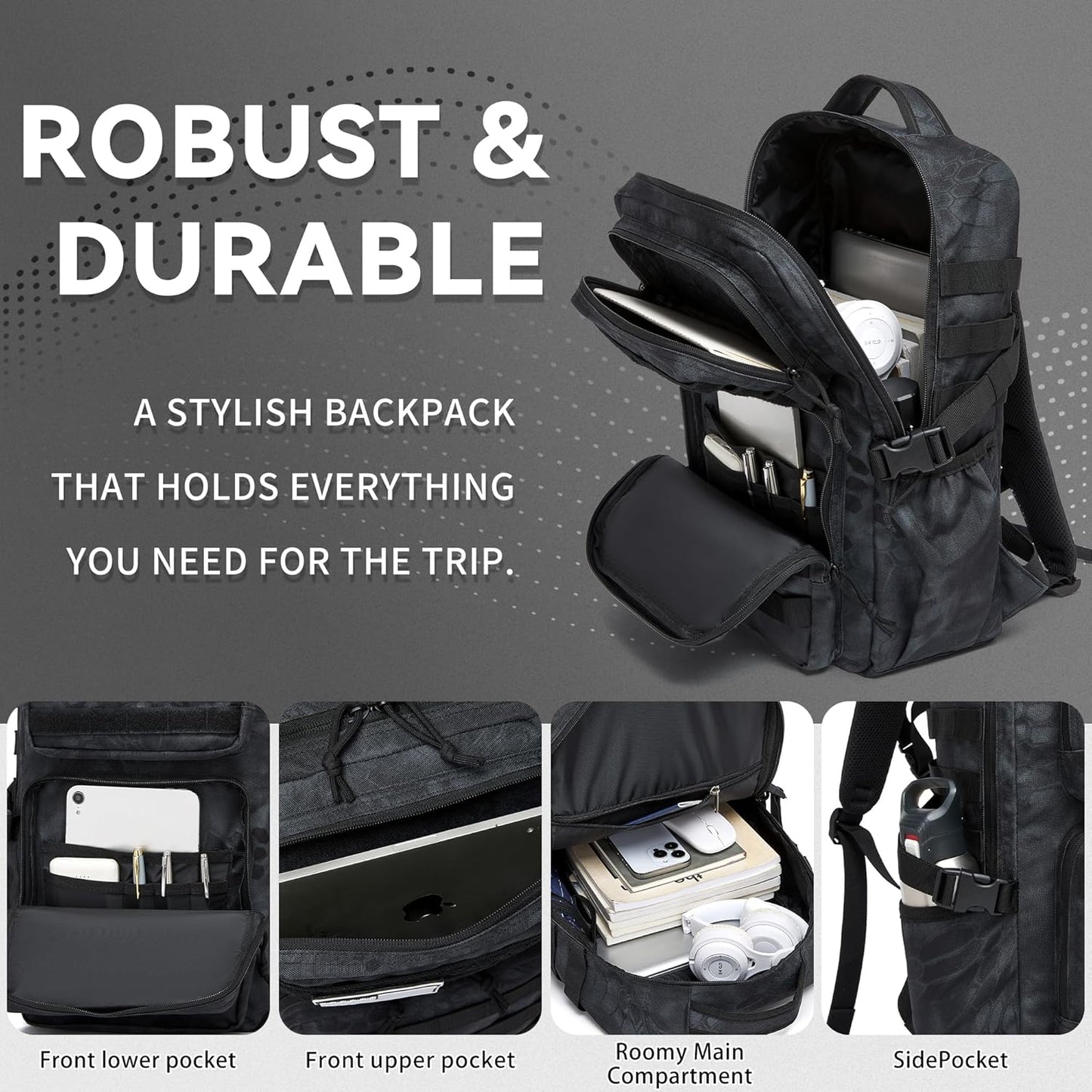 Wotony Military Tactical Backpack for Men Waterproof Daypack 3 Day Assault Pack Molle Bag with Water Bottle Holder