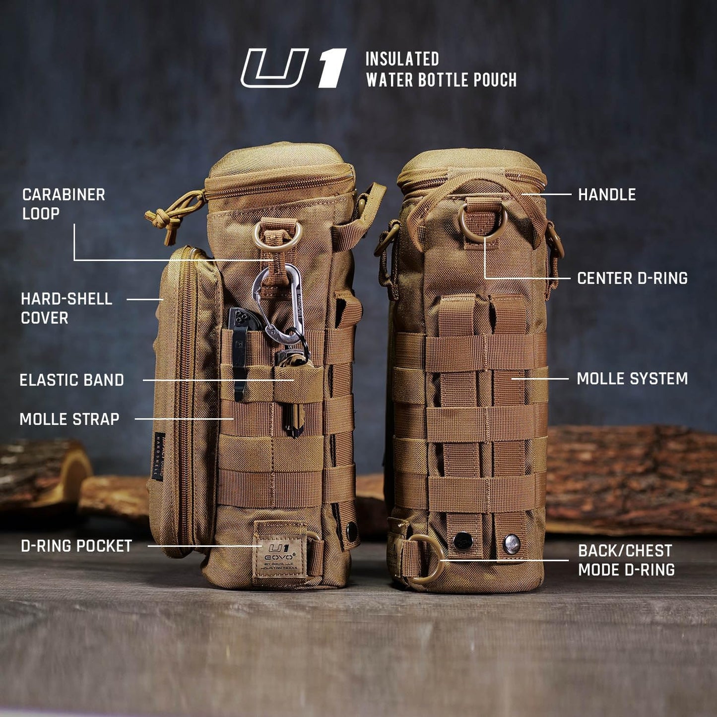 GOVO U1 Water Bottle Pouch with Zippered Hardshell Cap, Fits Up to 40oz Bottle, Molle System, Heavy Duty, Made With 100% Nylon