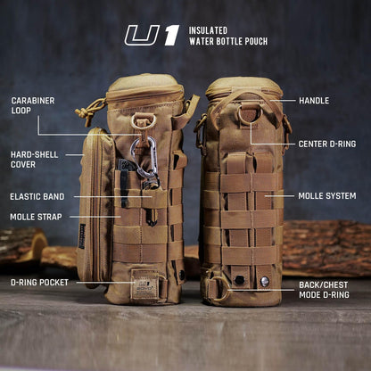 GOVO U1 Water Bottle Pouch with Zippered Hardshell Cap, Fits Up to 40oz Bottle, Molle System, Heavy Duty, Made With 100% Nylon